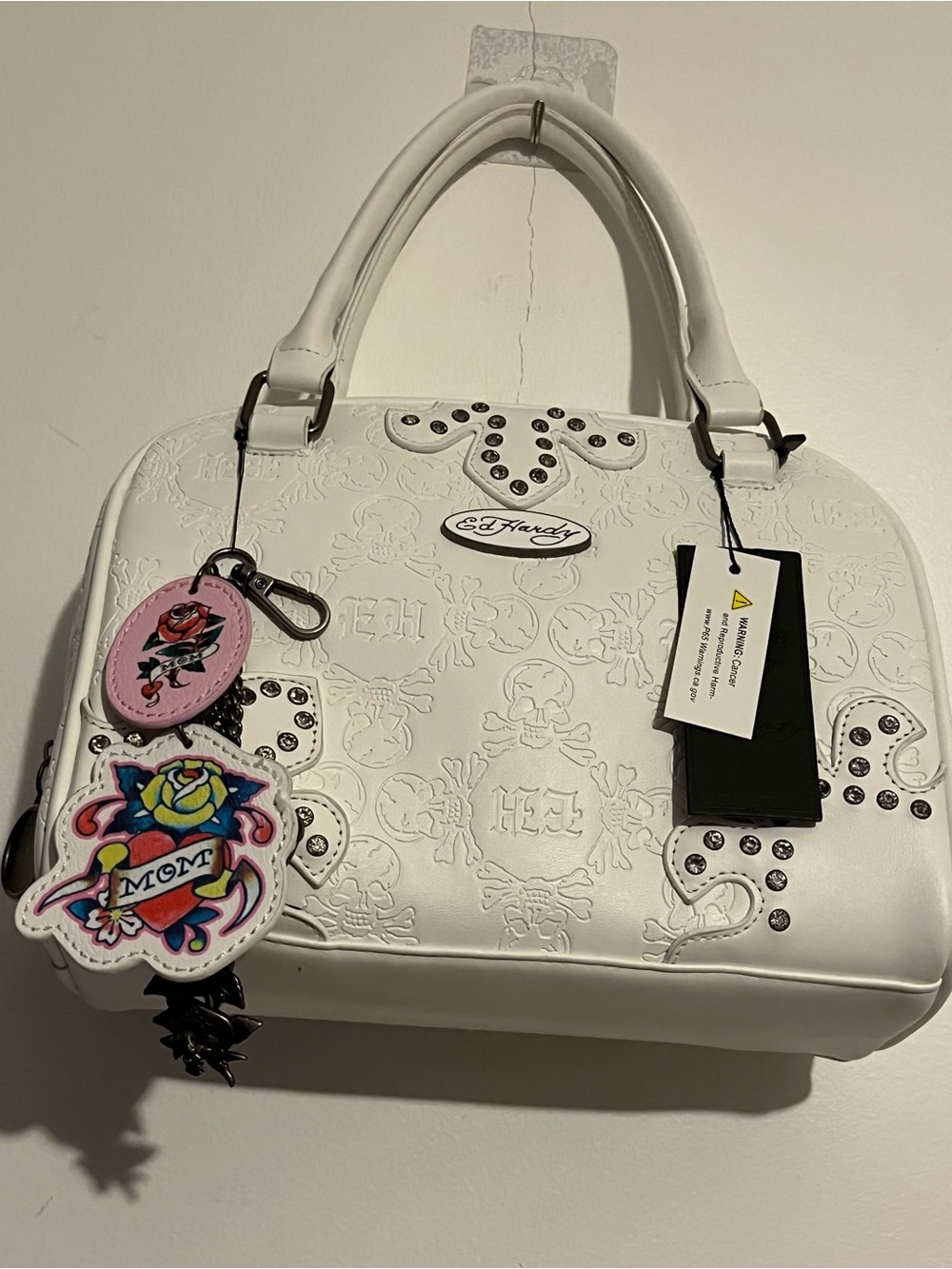 Original Ed Hardy White Satchel Bag - Y2K Style with Charms and Studs